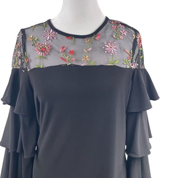 Black Shift Dress Sz 4 Mesh Embroidered Floral Ruffled Sleeves Whimsigoth Fairy - Picture 4 of 11